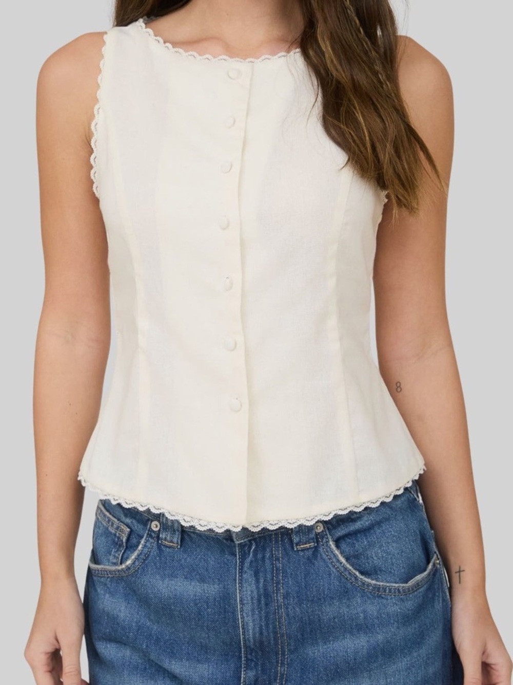 Sleeveless Cream Button-Front Lace-Trim Tank